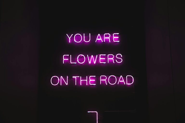 Pink color neon luminous text with inspiring phrase You are flowers on the road on black signage at night