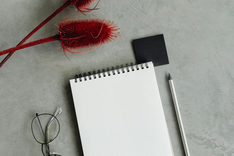 Top view of a minimalist workspace featuring a spiral notepad, pencil, glasses, and decorative flora on concrete.