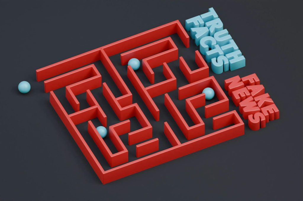 Between Way of Truth Facts and Fake News Labyrinth. 3D Render.